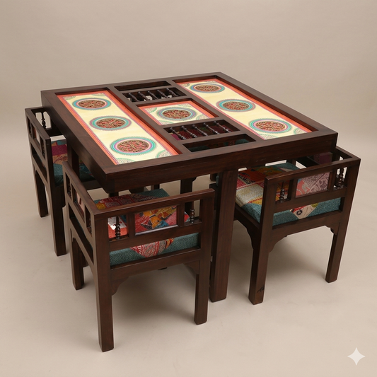 42" Square Teakwood Dining Table with Madhubani Art & Dhokra Brass Detailing | Mocha Dining Table