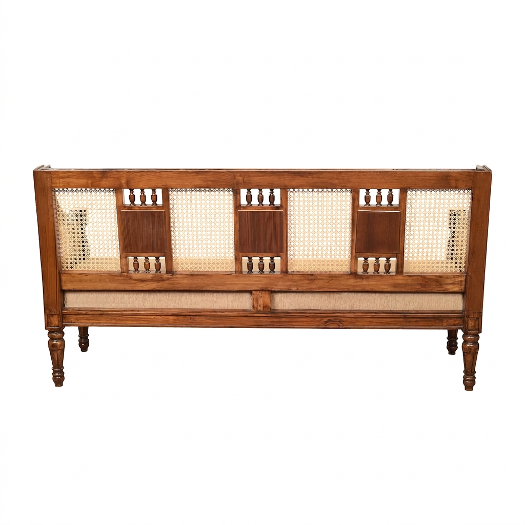 3 Seater Teakwood Sofa with Madhubani Art, Dhokra Brass, and Natural Cane | Tulip