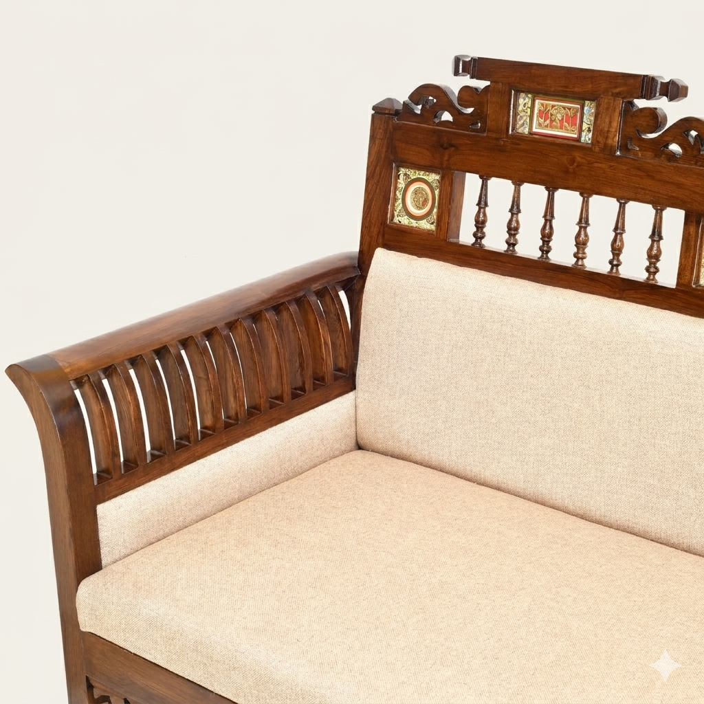 Maharaja Three-Seater Premium Teakwood Sofa –  Handcrafted with Dhokra Brass & Madhubani Accents