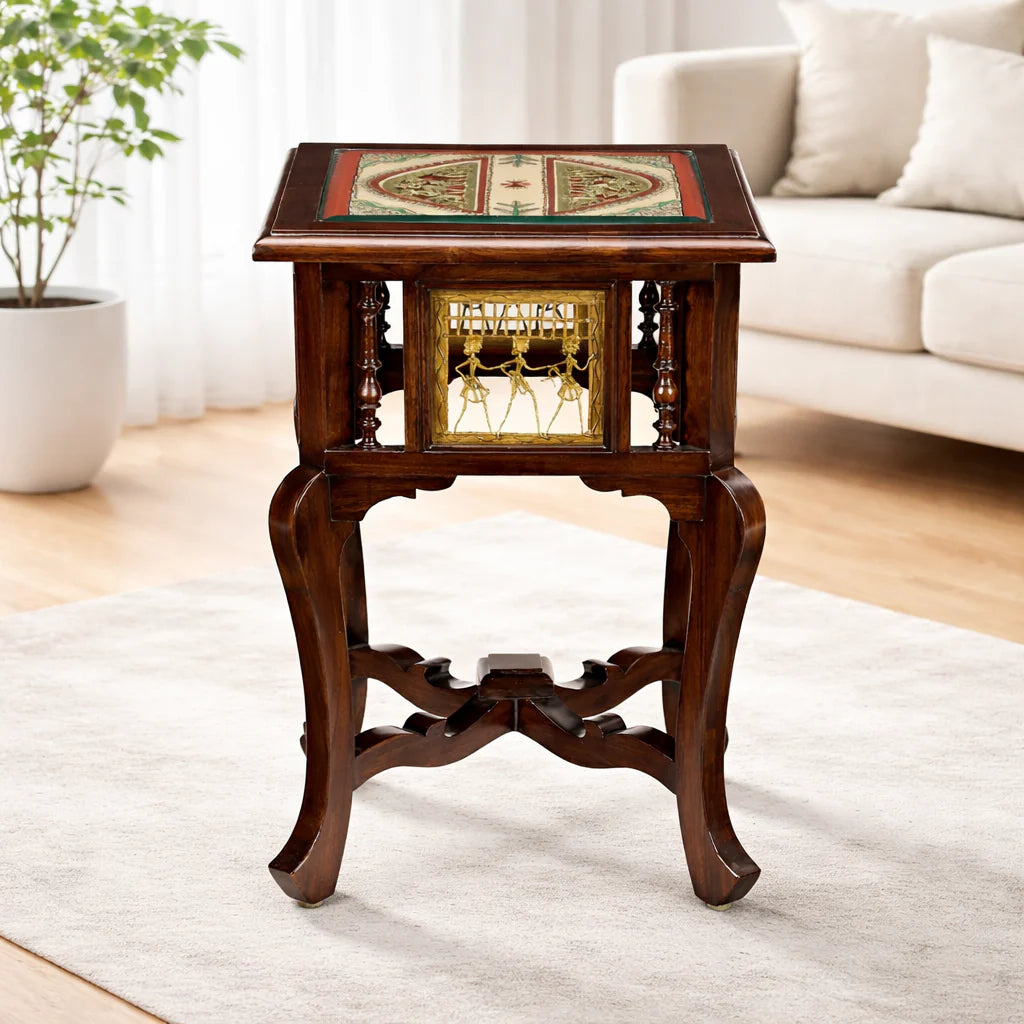 Harbi Premium Teakwood End Table – 16-Inch Square Accent Table with Warli & Dhokra
