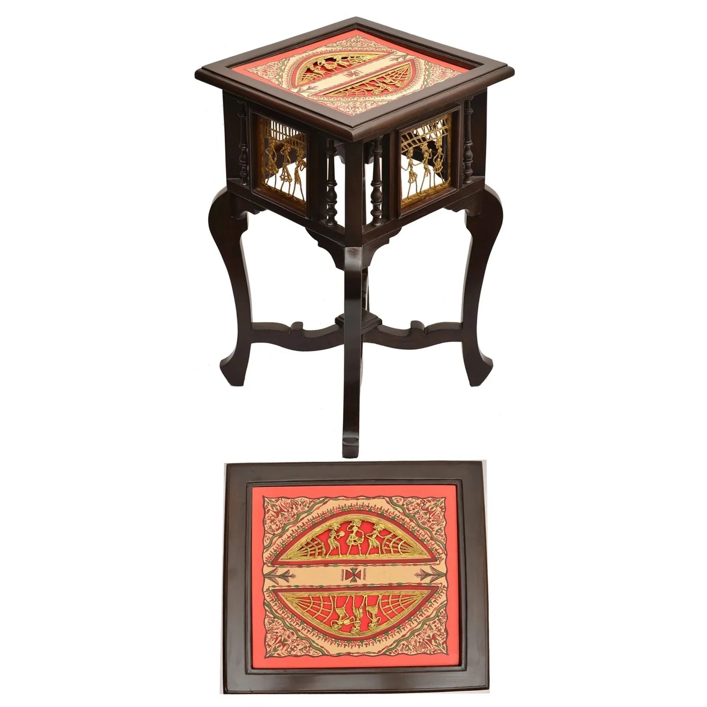 Harbi Premium Teakwood End Table – 16-Inch Square Accent Table with Warli & Dhokra