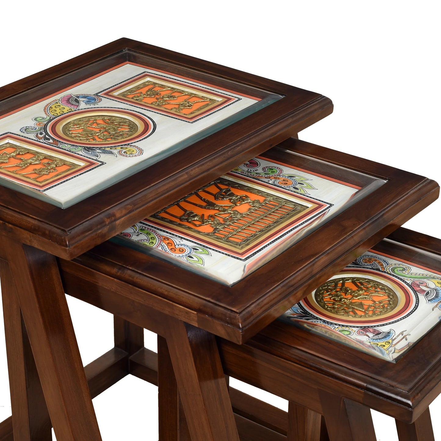 Honey-I Premium Teakwood Nest of Tables – Set of 3 Jali Accent Tables in Walnut Matte Finish