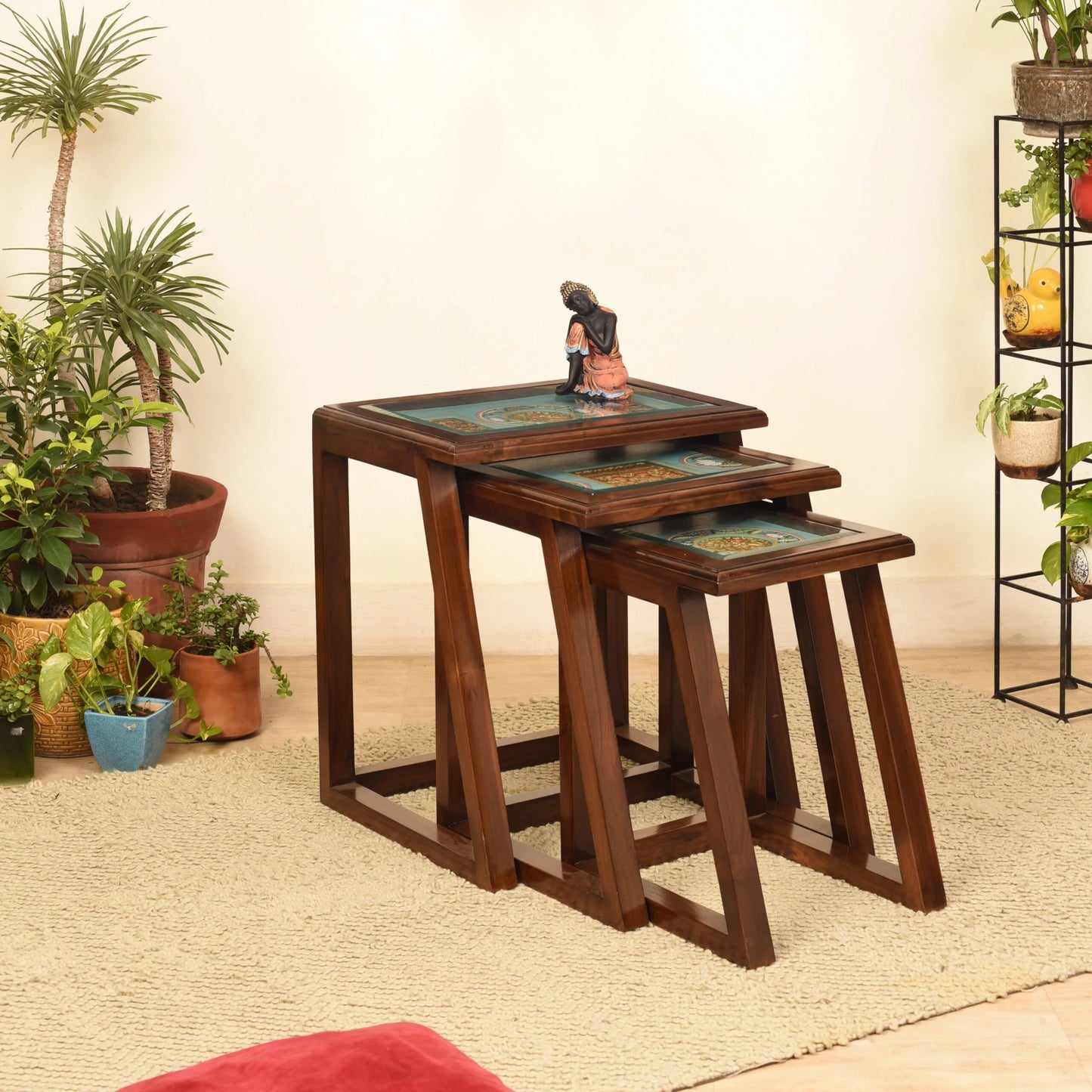 Honey Premium Teakwood Nest of Tables – Set of 3 Accent Tables in Walnut Matte Finish