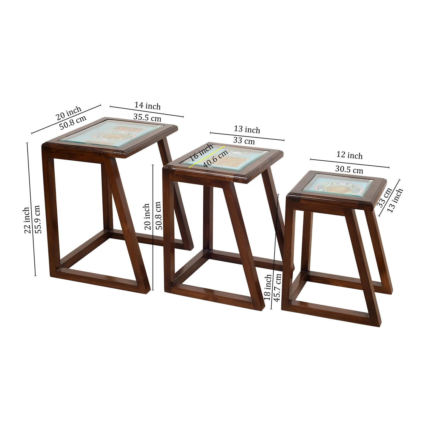 Honey Premium Teakwood Nest of Tables – Set of 3 Accent Tables in Walnut Matte Finish
