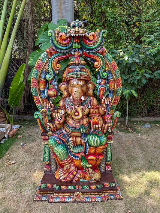 Lord Ganesha Wooden Idol | 5 ft Tall | Painted Finish