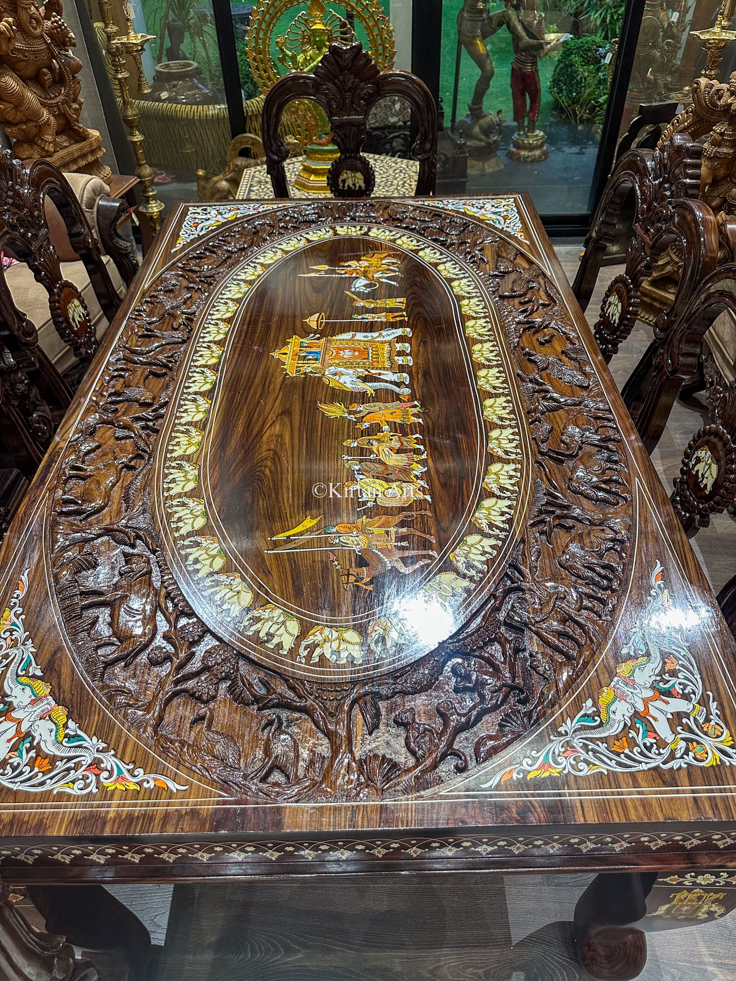 Rosewood Dining Table | 6 Seater | Forest Carving | 6x3.5 ft