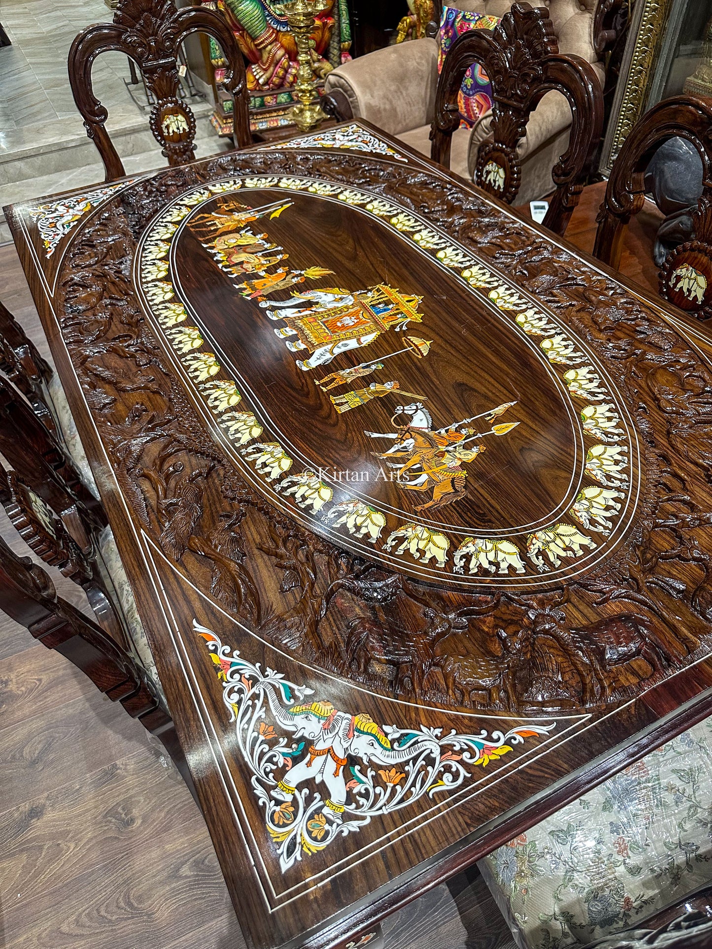 Rosewood Dining Table | 6 Seater | Forest Carving | 6x3.5 ft
