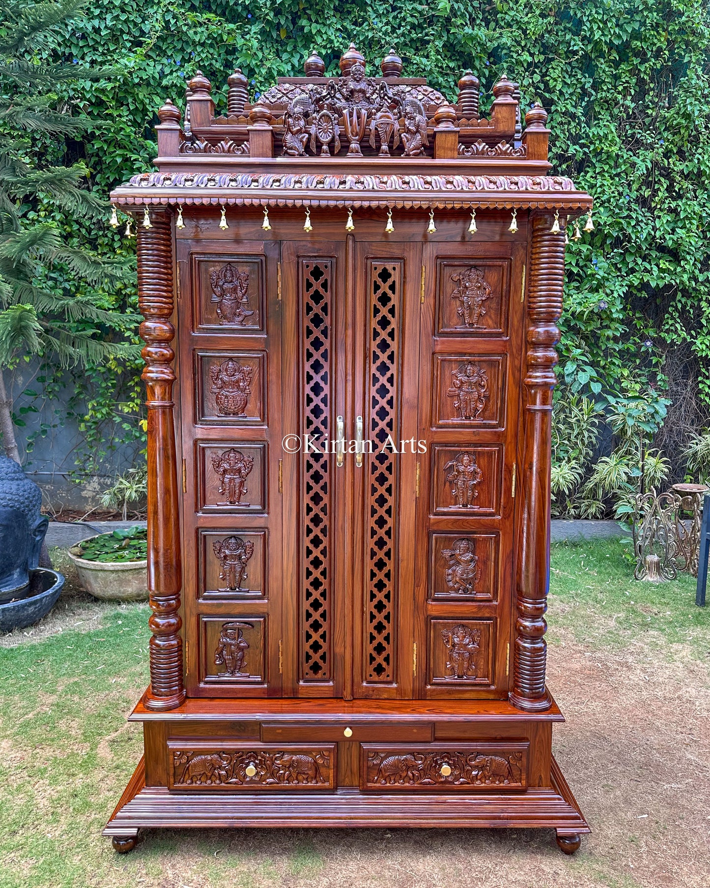 Teakwood Cupboard-Style Home Mandir 96" | Dashavatar Carvings