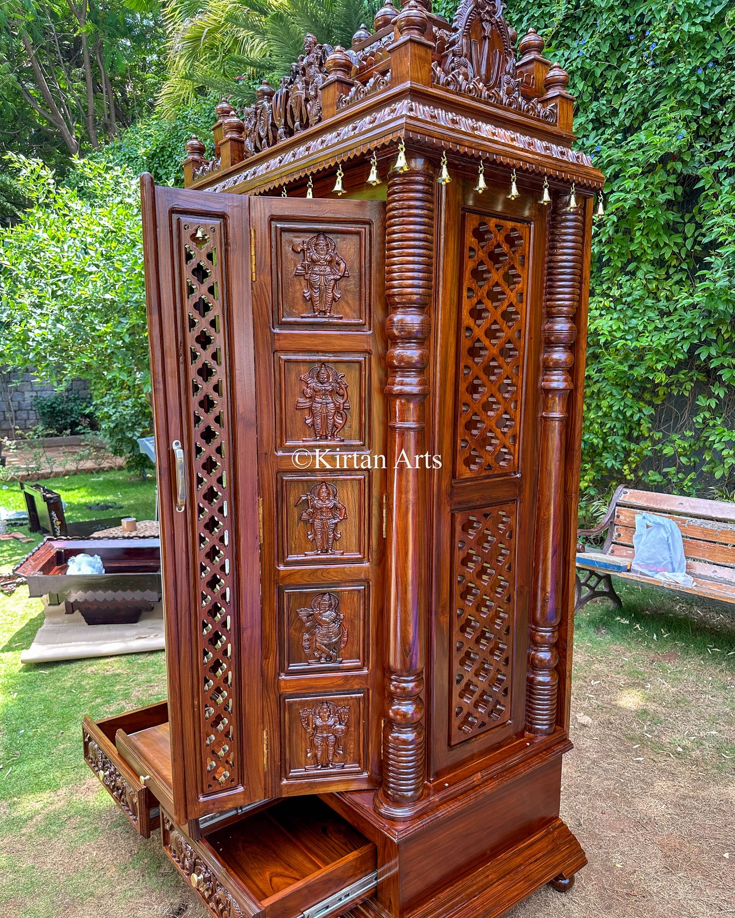 Teakwood Cupboard-Style Home Mandir 96" | Dashavatar Carvings