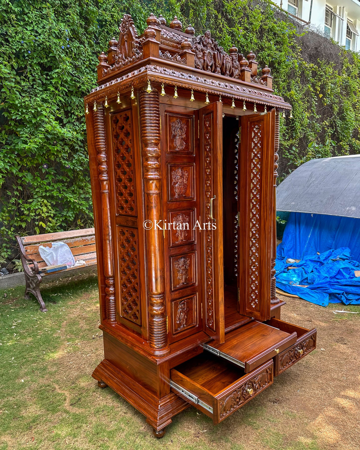 Teakwood Cupboard-Style Home Mandir 96" | Dashavatar Carvings
