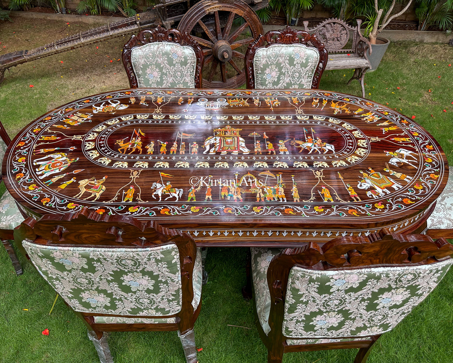 Mysore Rosewood Inlay 6-Seater Oval Dining Table Set (7x4 ft)