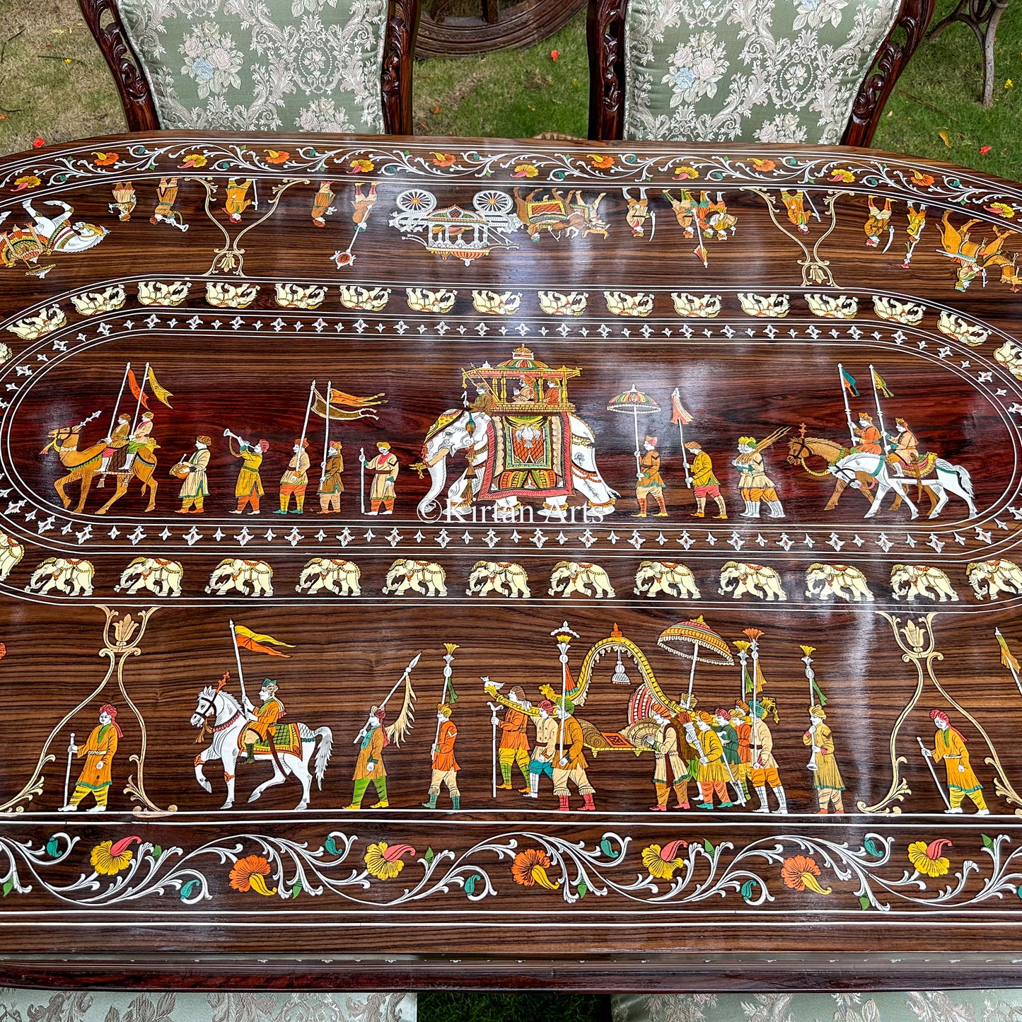 Mysore Rosewood Inlay 6-Seater Oval Dining Table Set (7x4 ft)