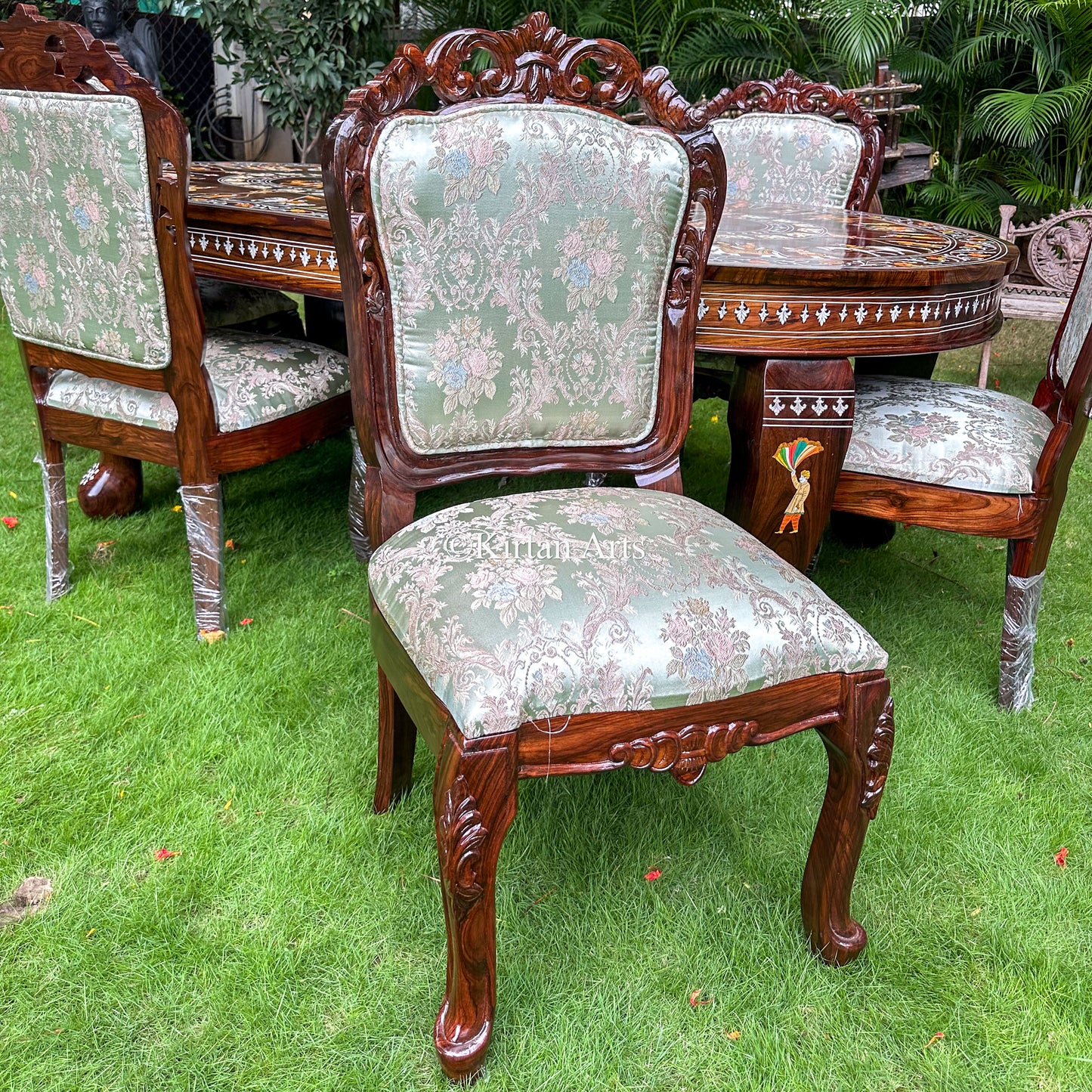 Mysore Rosewood Inlay 6-Seater Oval Dining Table Set (7x4 ft)