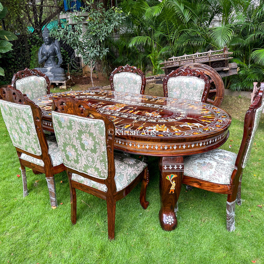 Mysore Rosewood Inlay 6-Seater Oval Dining Table Set (7x4 ft)