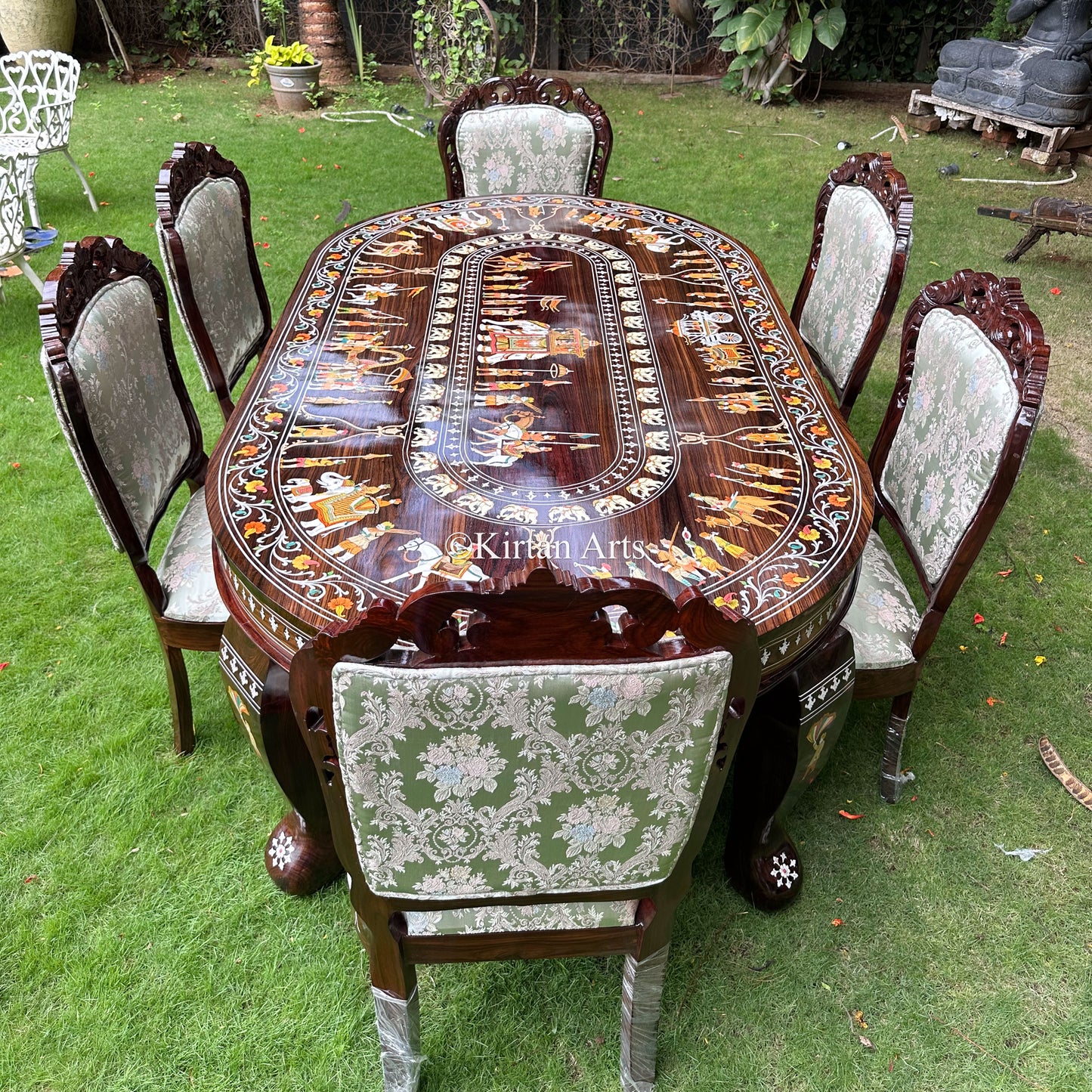 Mysore Rosewood Inlay 6-Seater Oval Dining Table Set (7x4 ft)