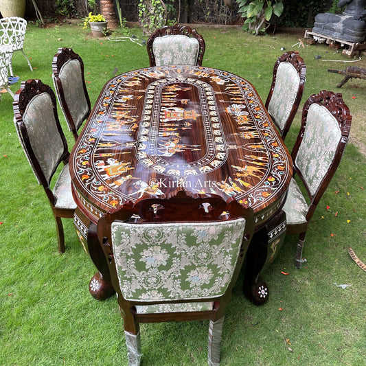 Mysore Rosewood Inlay 6-Seater Oval Dining Table Set (7x4 ft)
