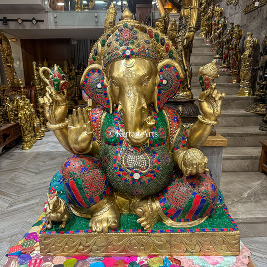 Large Brass Lord Ganesha Statue 33" | Meenakari Stonework