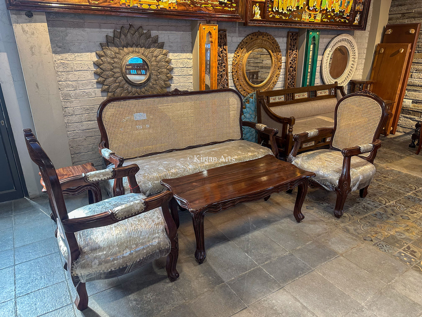 Rosewood Sofa Set | 6Pcs | Rattan Work