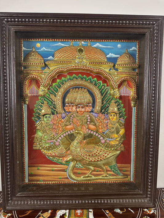 Lord Murugan with Valli and Devasena | Semi Embossed | Antique Finish | 30x24 Inches