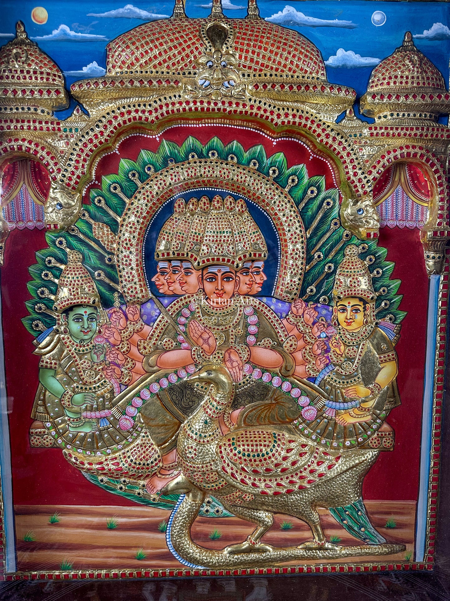 Lord Murugan with Valli and Devasena | Semi Embossed | Antique Finish | 30x24 Inches