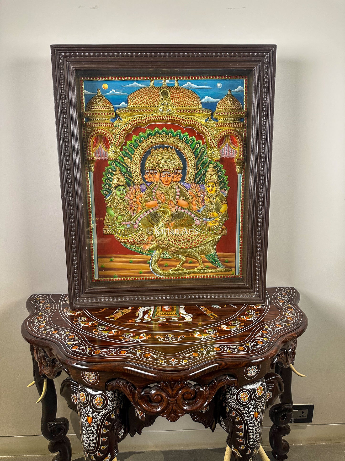 Lord Murugan with Valli and Devasena | Semi Embossed | Antique Finish | 30x24 Inches