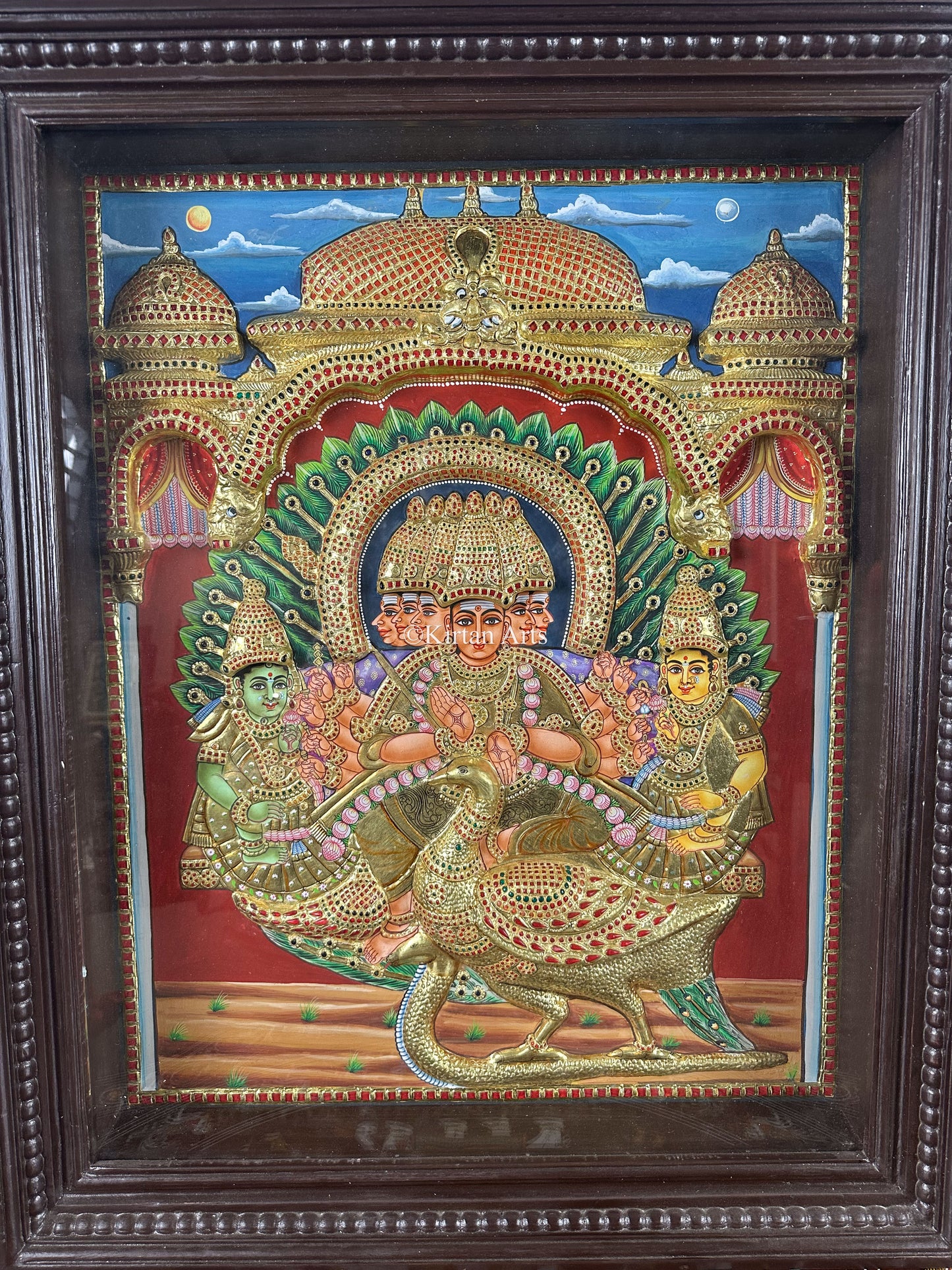 Lord Murugan with Valli and Devasena | Semi Embossed | Antique Finish | 30x24 Inches