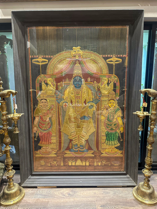 Lord Venkateshwara w Sridevi & Bhudevi Tanjore Painting | Large Size | 6.5x4.5 ft | Antique Finish