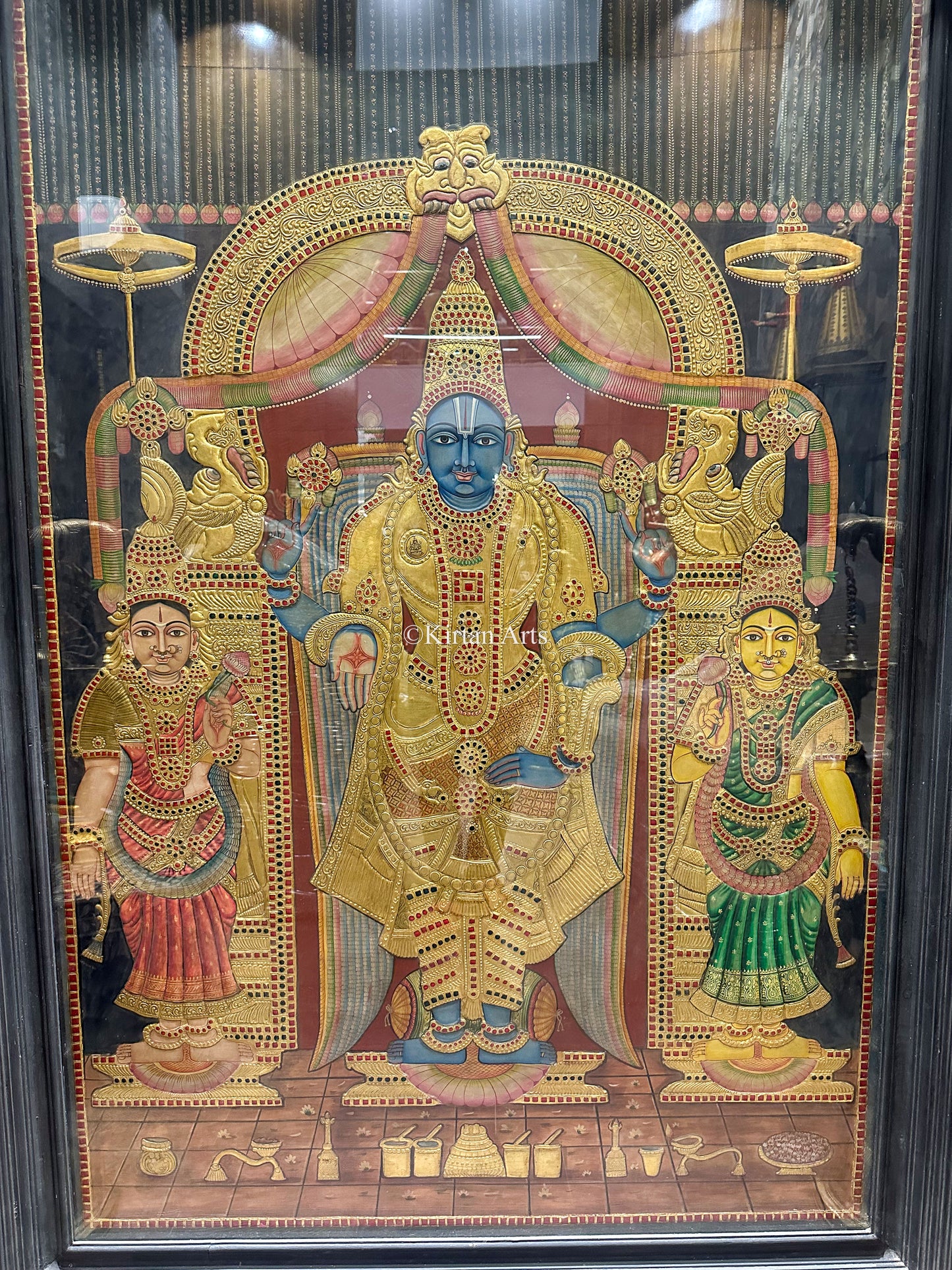 Lord Venkateshwara w Sridevi & Bhudevi Tanjore Painting | Large Size | 6.5x4.5 ft | Antique Finish