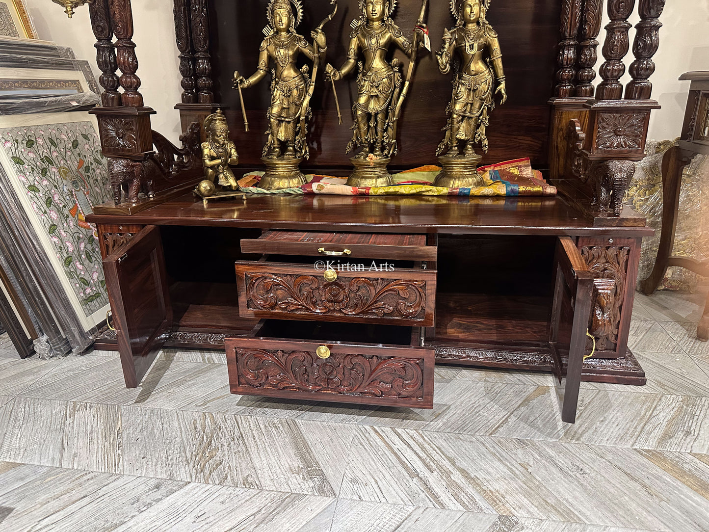 Handcarved Rosewood Mandir | Storage | 88"
