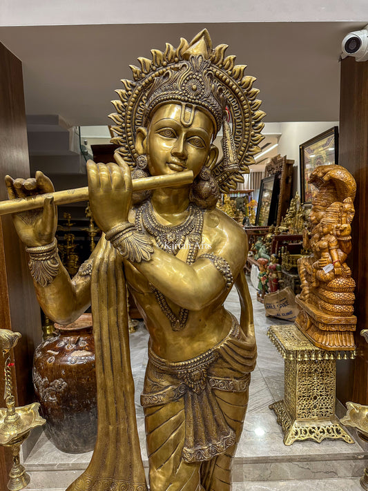 79" Large Lord Krishna Brass Idol | Fine Detailing | Striking Pose
