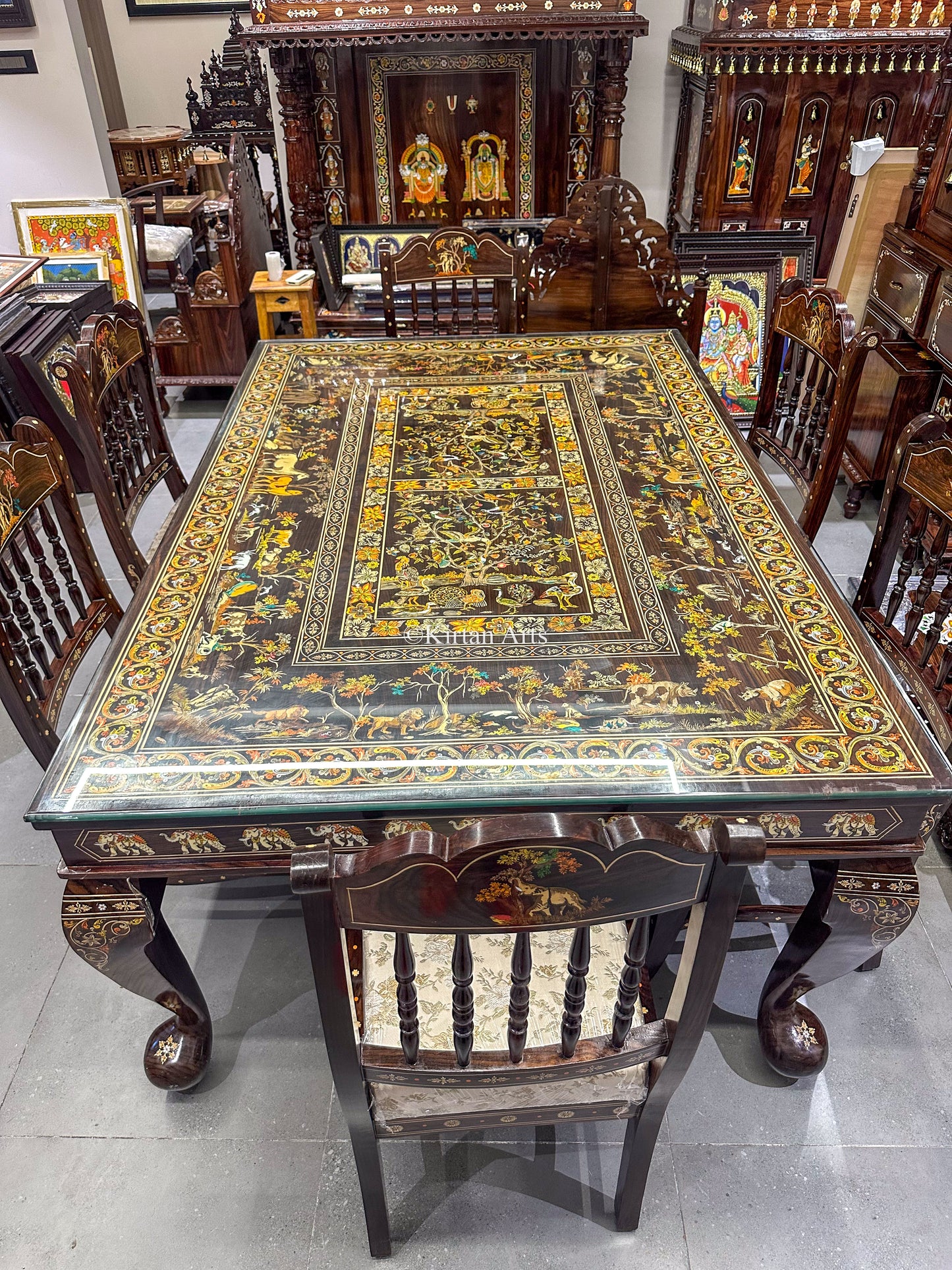 Rosewood Dining 6 Seater Set | Jungle Theme Inlay | 6x4 ft