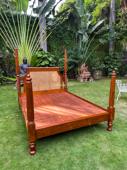 Teakwood Queen Poster Bed | Rattan Work | 6.6x5 ft