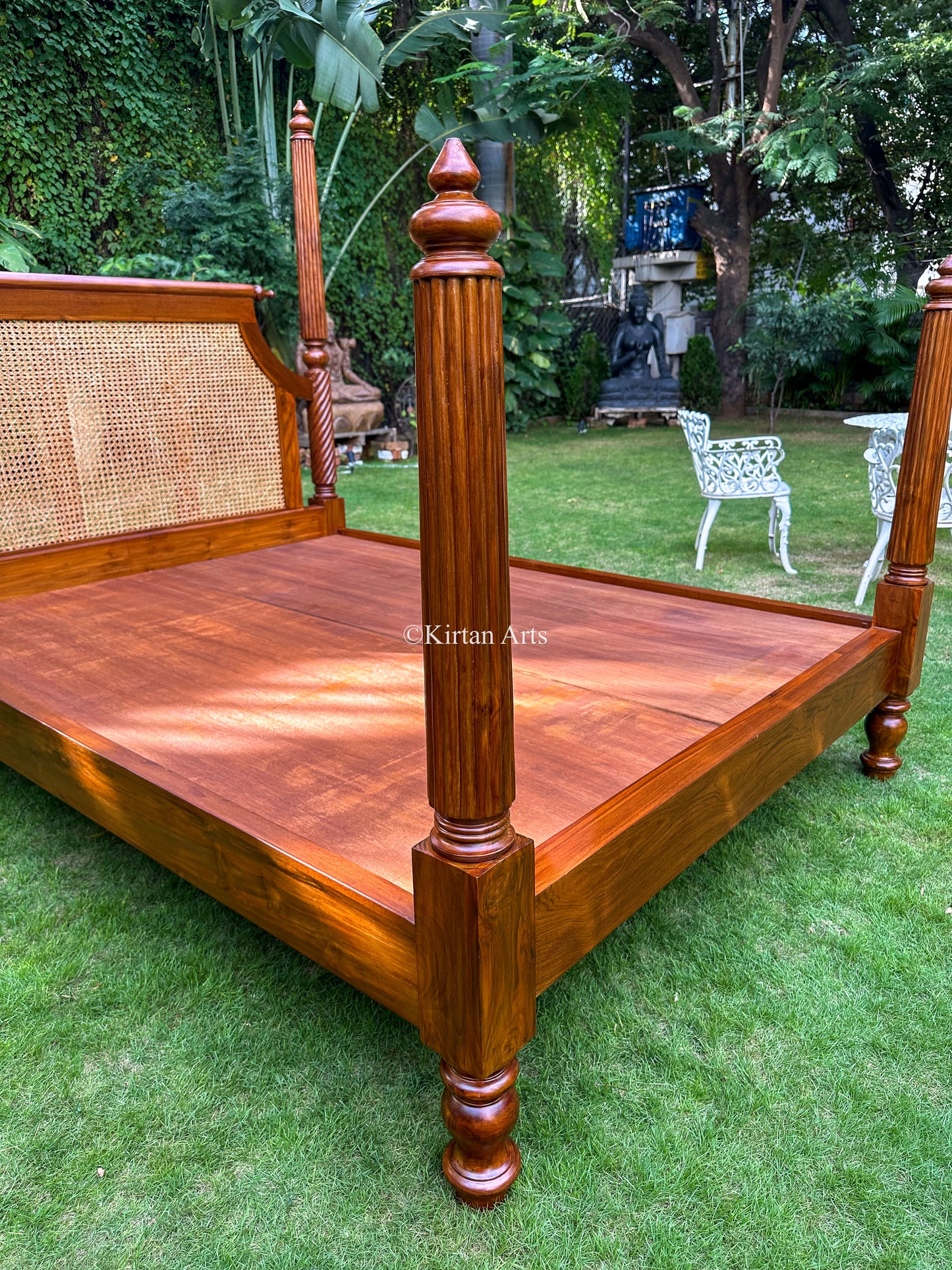 Teakwood Queen Poster Bed | Rattan Work | 6.6x5 ft