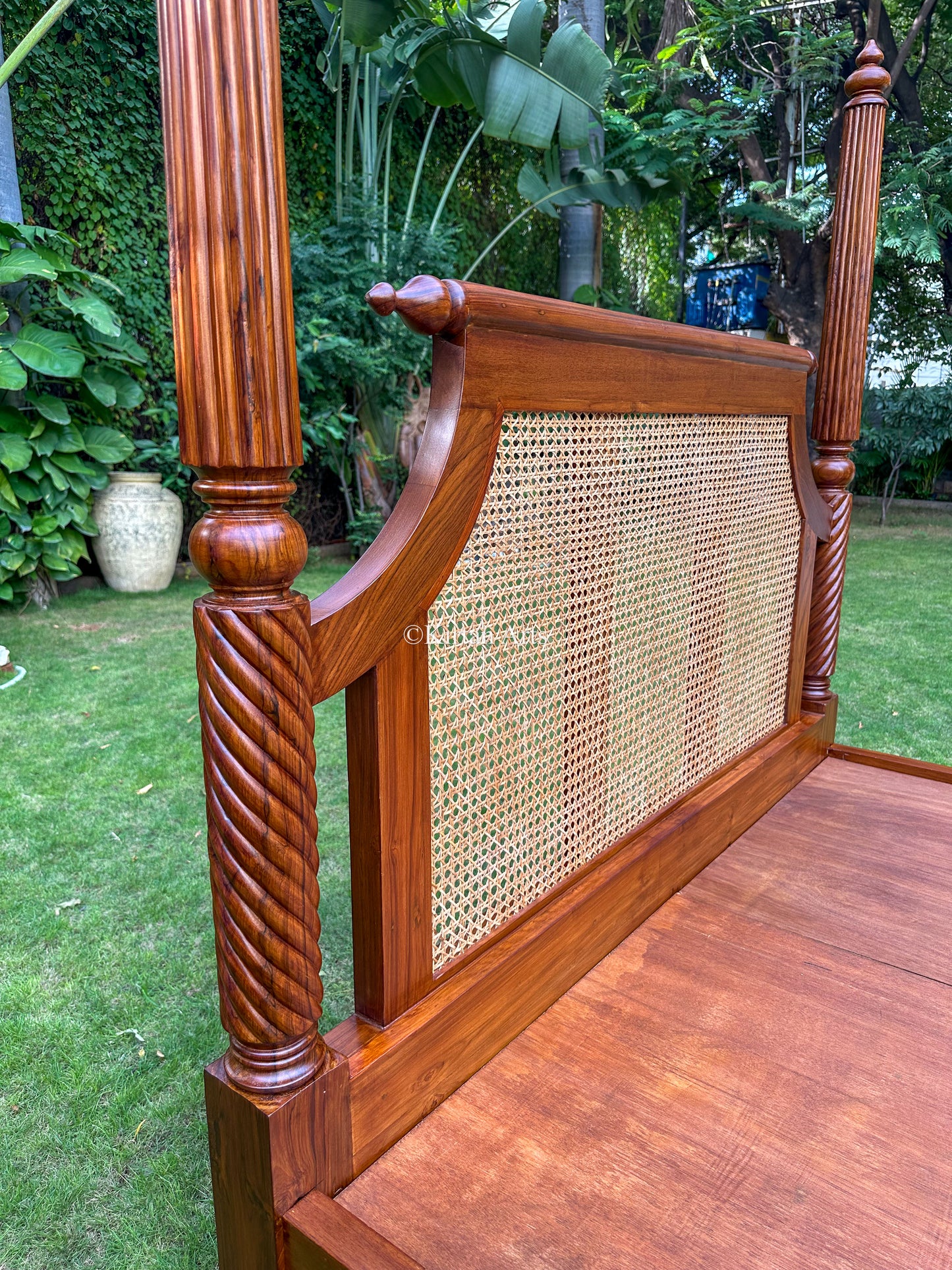 Teakwood Queen Poster Bed | Rattan Work | 6.6x5 ft