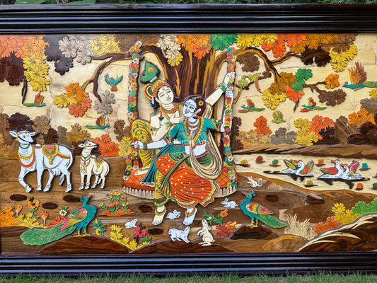 Rosewood RadhaKrishna Wall Panel | Embossed Artwork | 3x5 ft