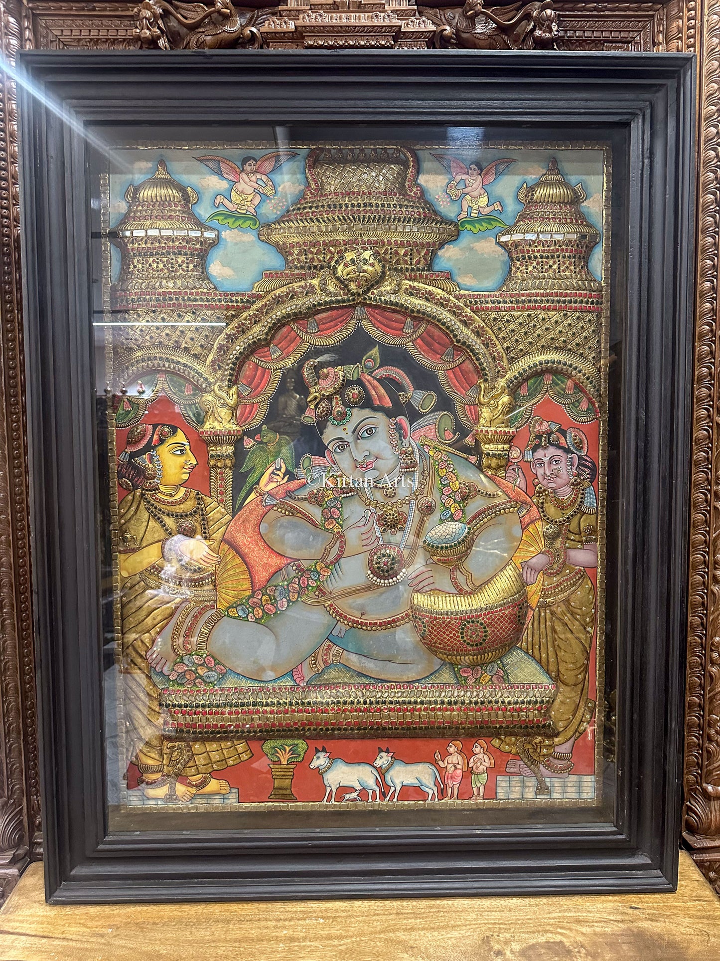Navaneeta Krishna Tanjore Painting | Antique Finish | 4x3 ft