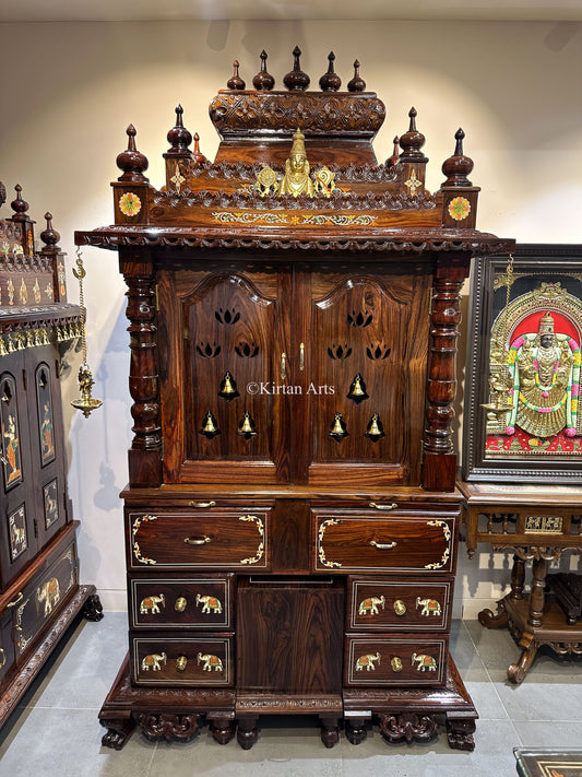 Rosewood Puja Mandir | Cupboard Style | Inbuilt Stool | 90"