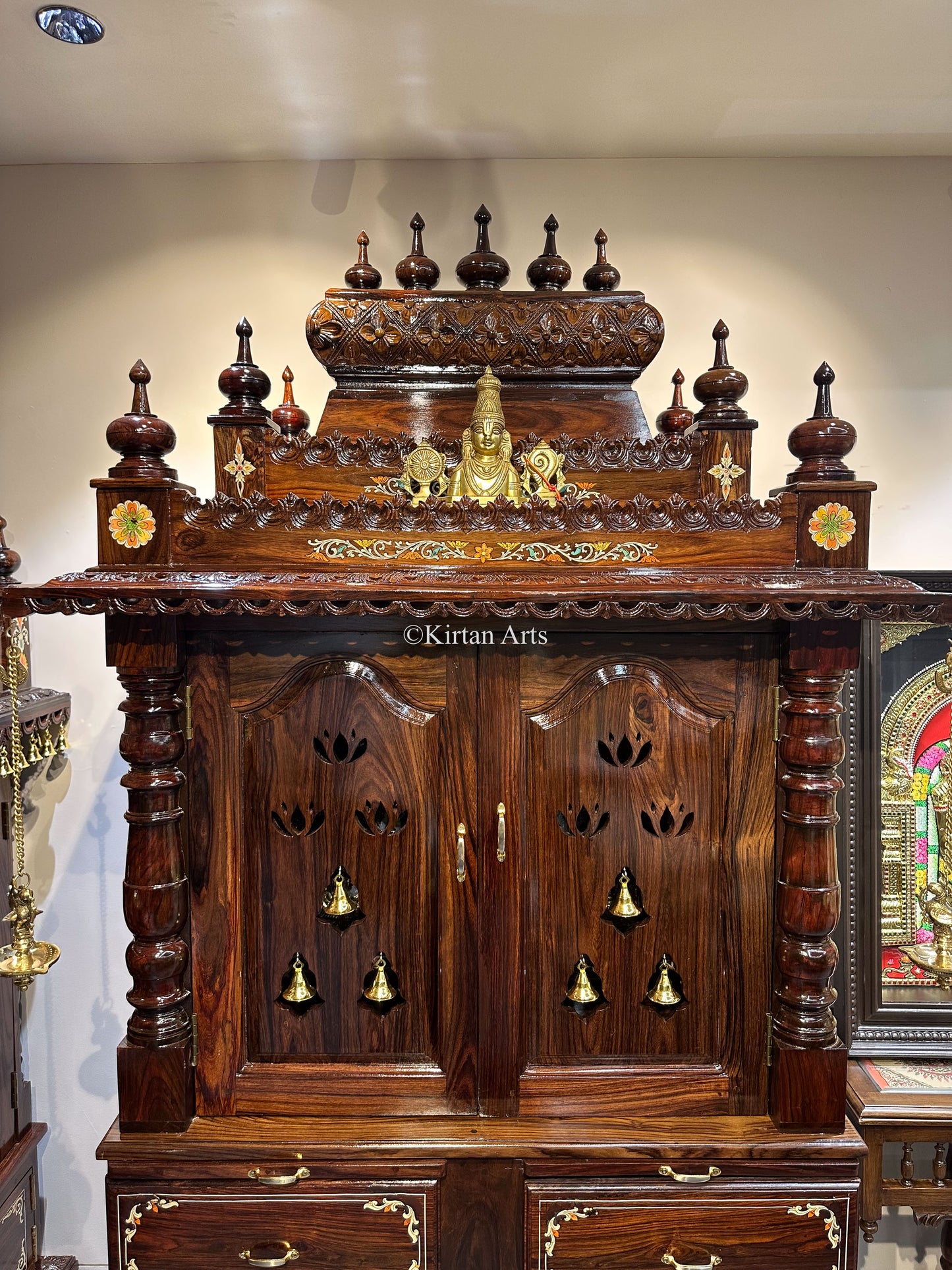 Rosewood Puja Mandir | Cupboard Style | Inbuilt Stool | 90"