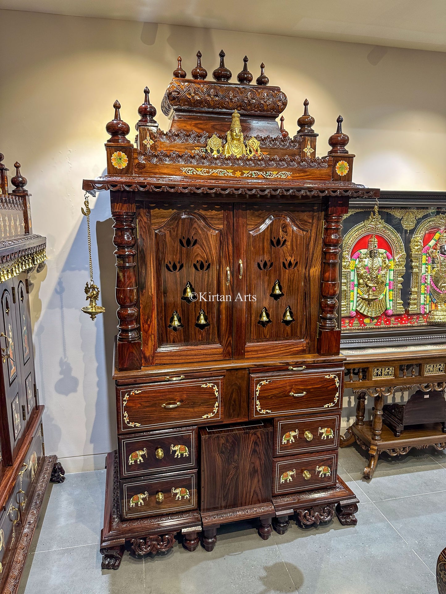 Rosewood Puja Mandir | Cupboard Style | Inbuilt Stool | 90"