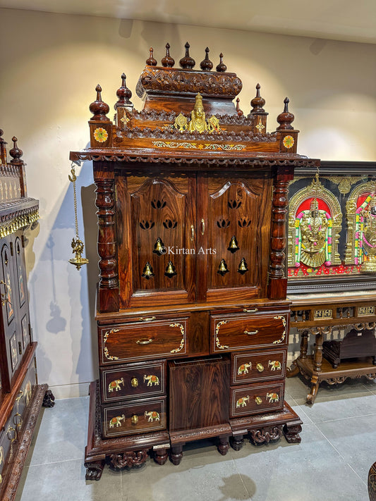 Rosewood Puja Mandir | Cupboard Style | Inbuilt Stool | 90"
