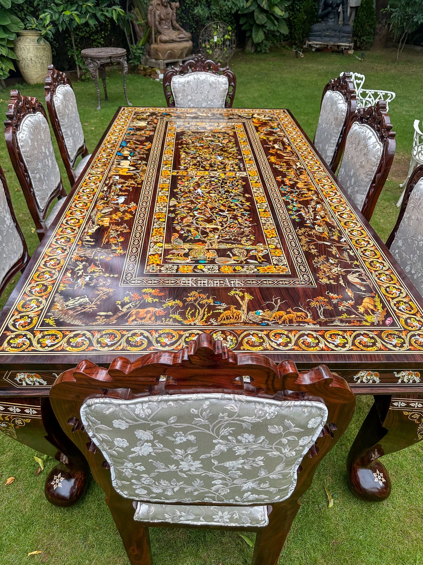 Rosewood Dining 8 Seater Set | Jungle Theme Inlay | 8x4 ft