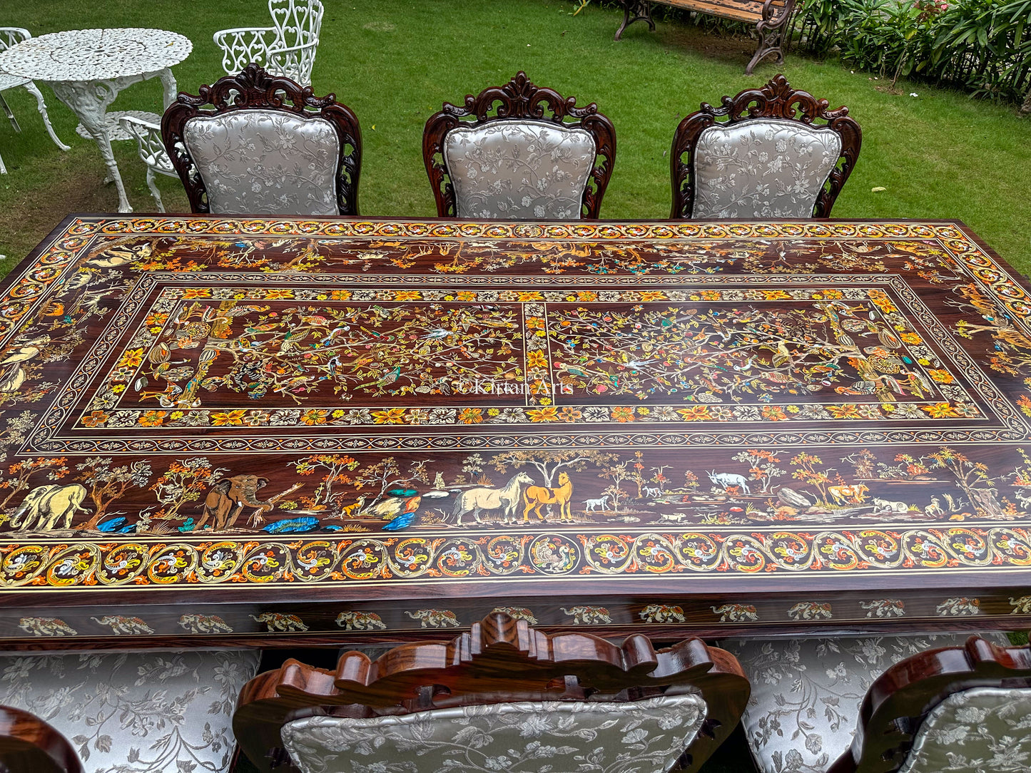 Rosewood Dining 8 Seater Set | Jungle Theme Inlay | 8x4 ft