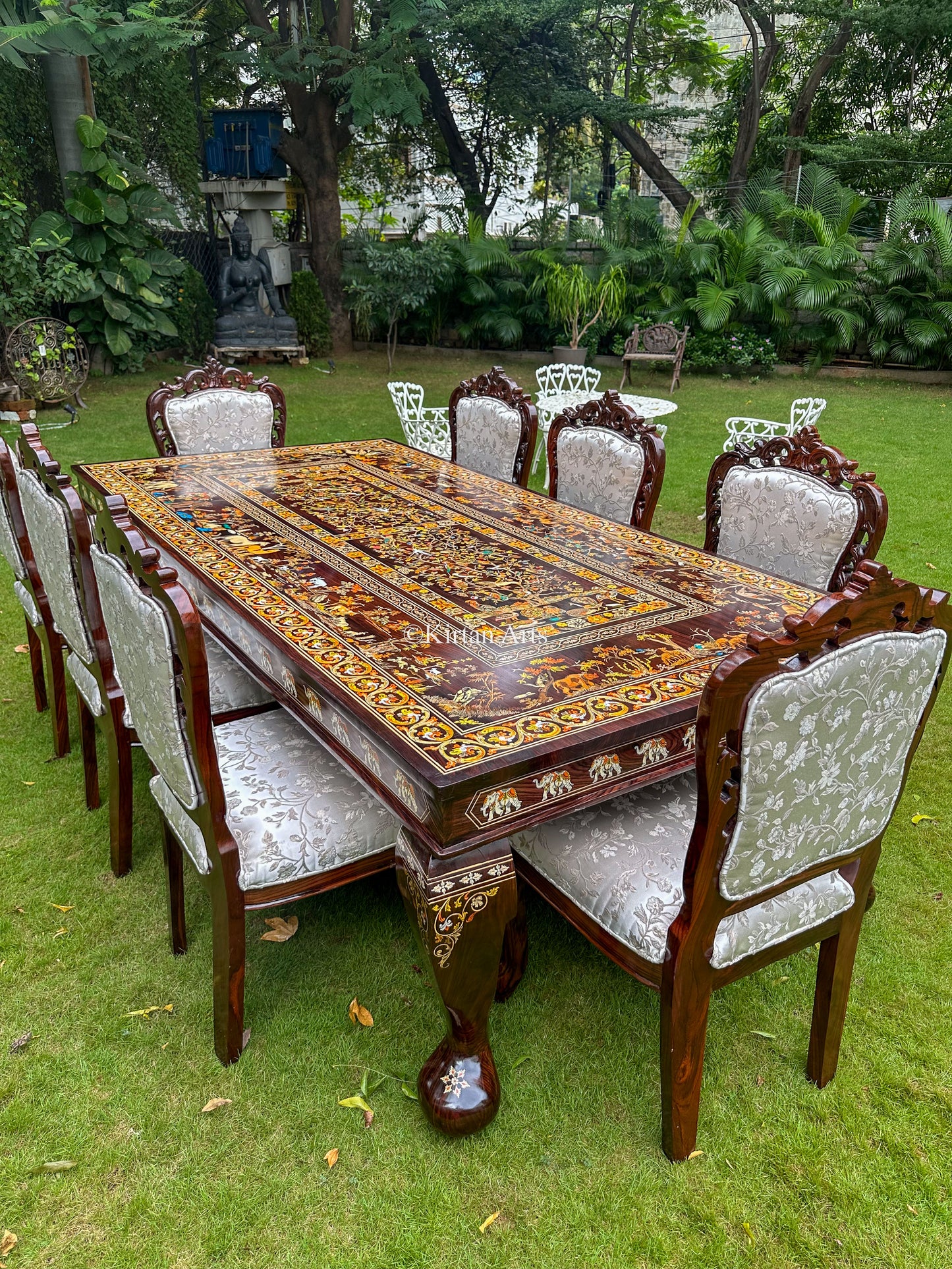 Rosewood Dining 8 Seater Set | Jungle Theme Inlay | 8x4 ft