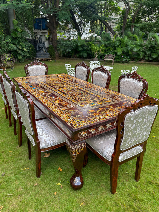 Rosewood Dining 8 Seater Set | Jungle Theme Inlay | 8x4 ft