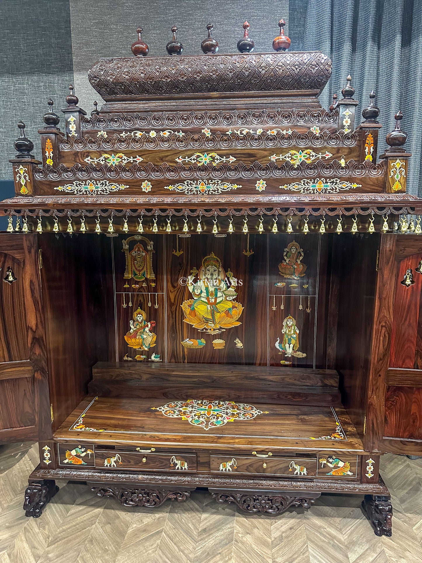 Rosewood Pooja Mandir | Foldable Doors | 7x5x2 ft