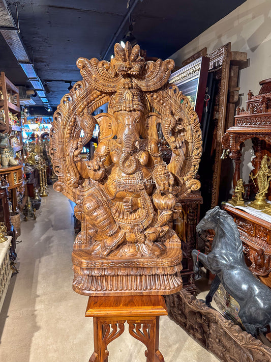 Wood Carved Lord Ganesha with Prabhavali | 3ft