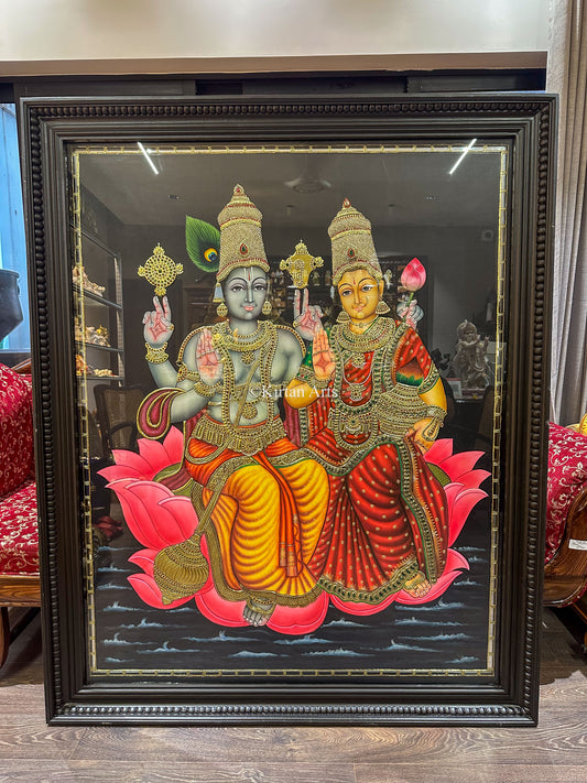 Lord Vishnu and Goddess Lakshmi on Lotus | Tanjore Painting | 22k Gold | 5x4 ft