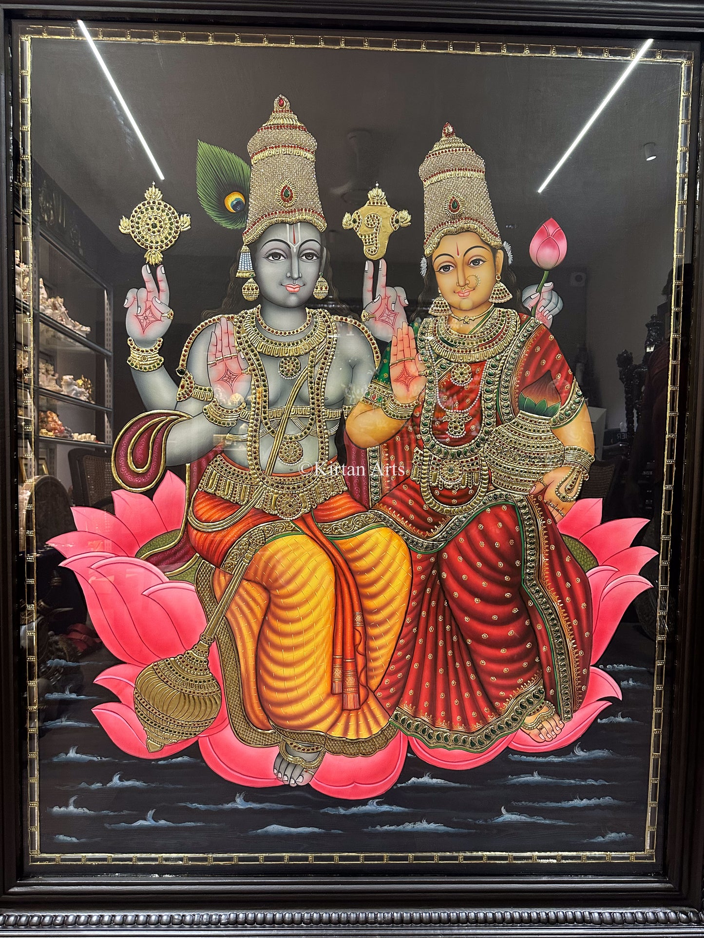 Lord Vishnu and Goddess Lakshmi on Lotus | Tanjore Painting | 22k Gold | 5x4 ft