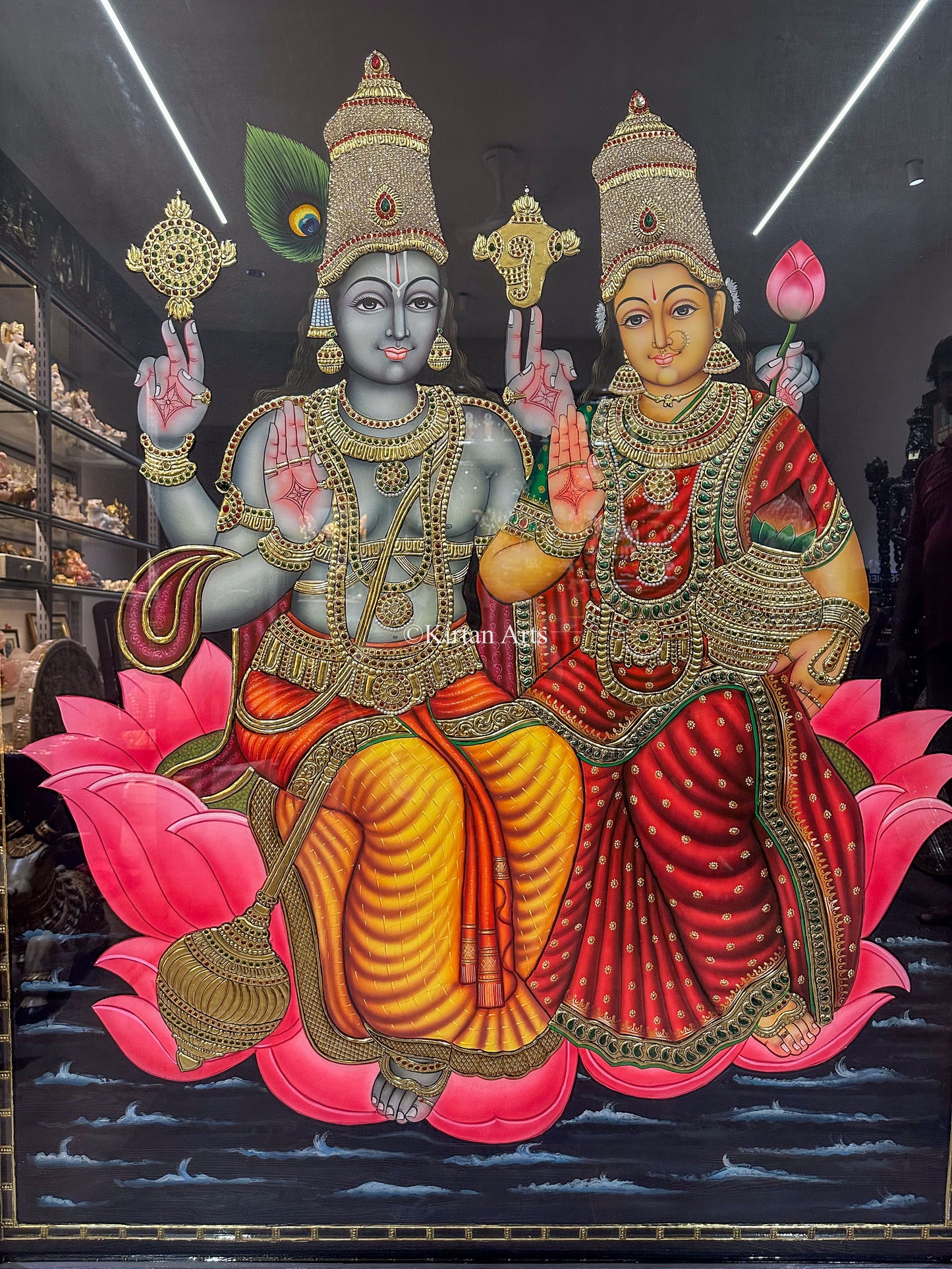 Lord Vishnu and Goddess Lakshmi on Lotus | Tanjore Painting | 22k Gold | 5x4 ft