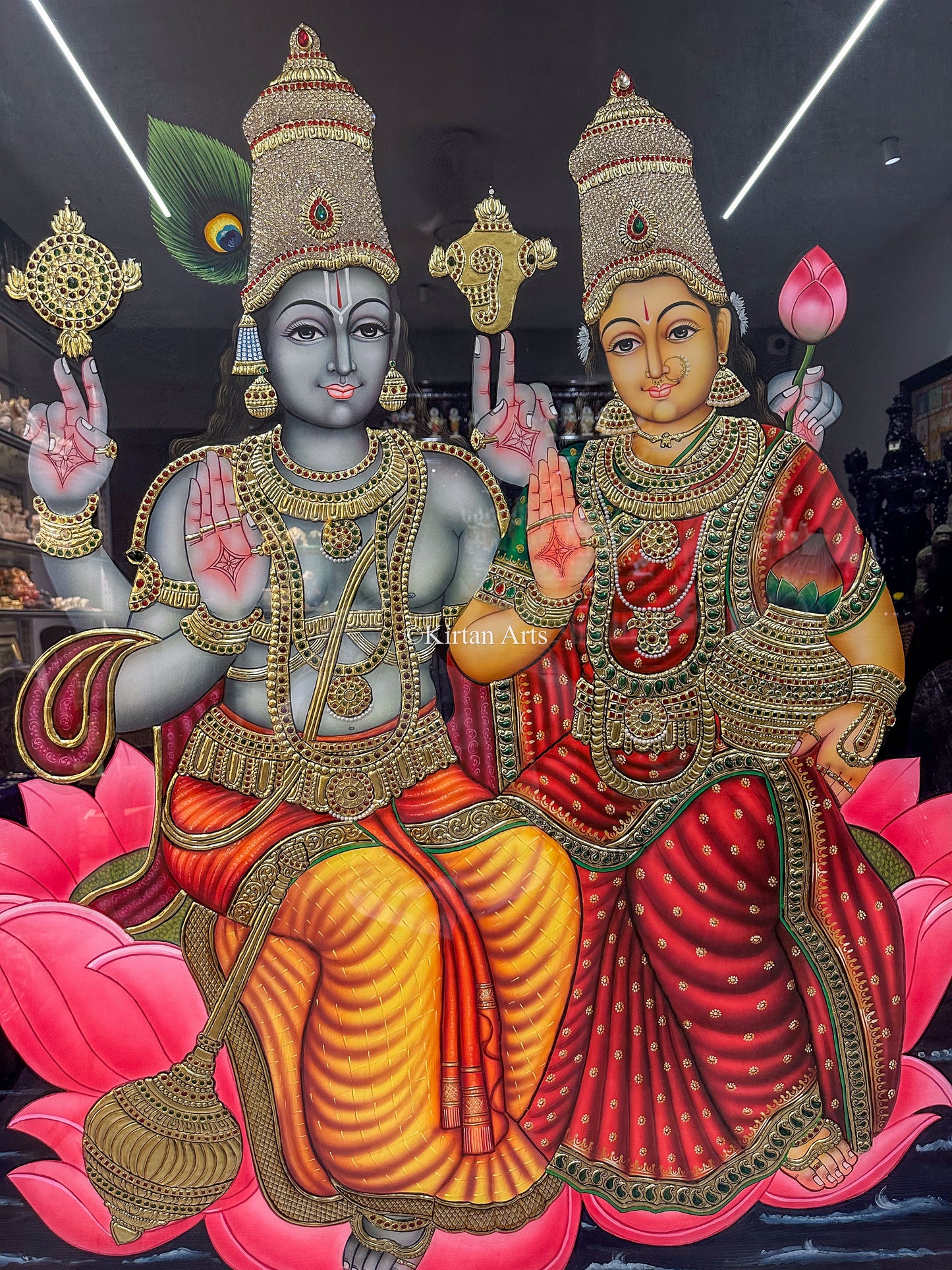 Lord Vishnu and Goddess Lakshmi on Lotus | Tanjore Painting | 22k Gold | 5x4 ft